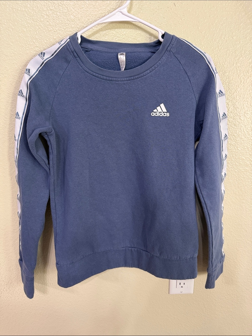 adidas Blue Crewneck Sweatshirt with White Logo Tape Sleeves
